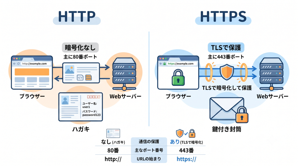 HTTPとHTTPSの違いを比較した図解